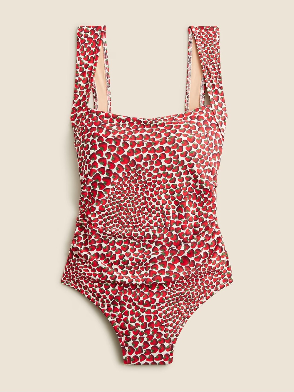 Ruched squareneck one-piece swimsuit in strawberry swirl print